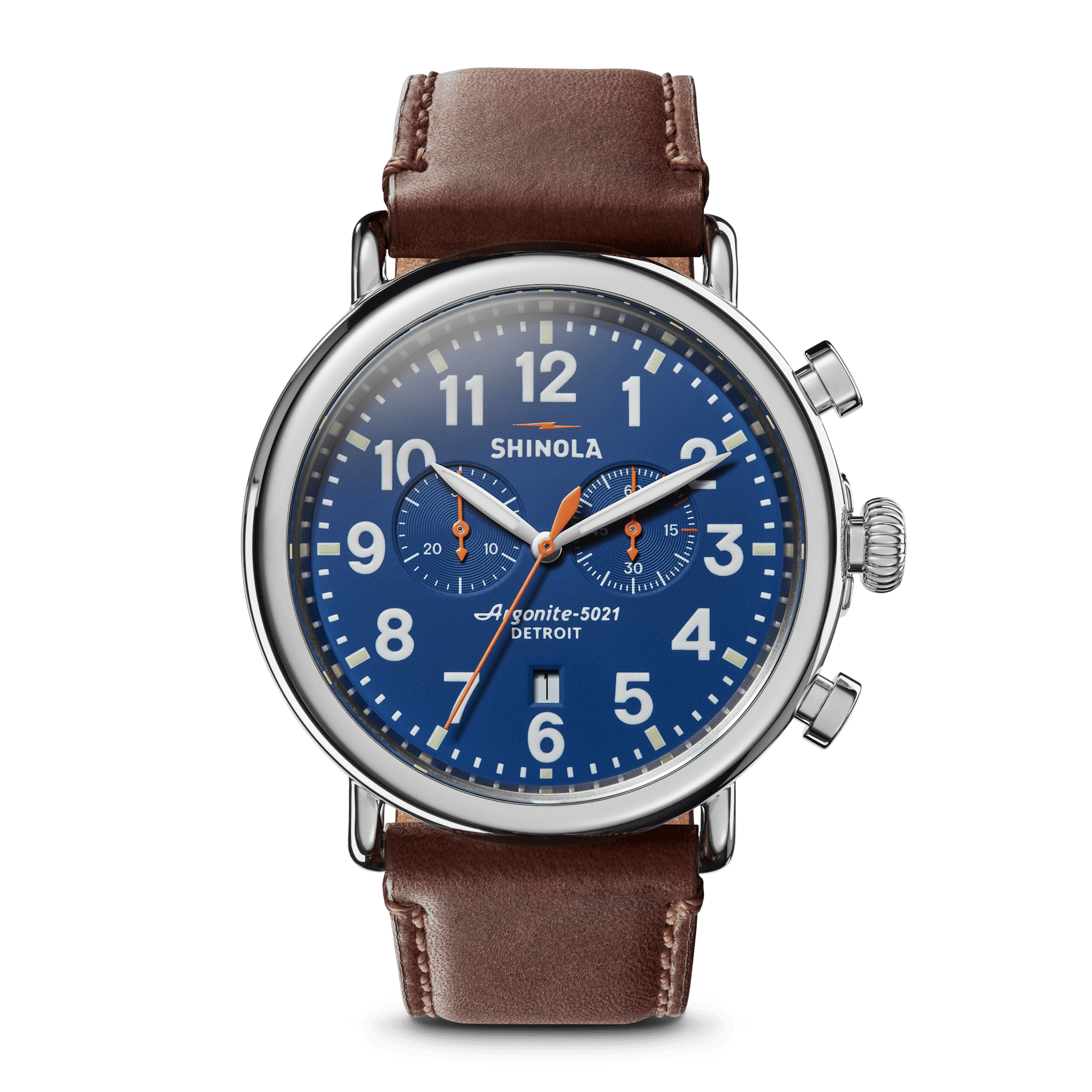 Shinola Men's Chrono Watch | Blue Dial + Dark Brown Leather Strap | The Runwell 47mm
