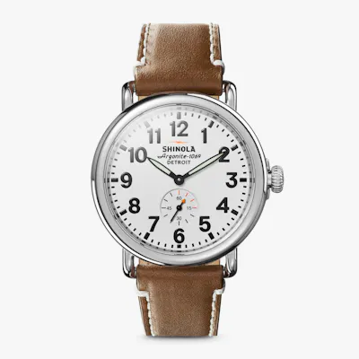 Shinola Men's Watch | White Dial + Brown Leather Strap | The Runwell 41mm