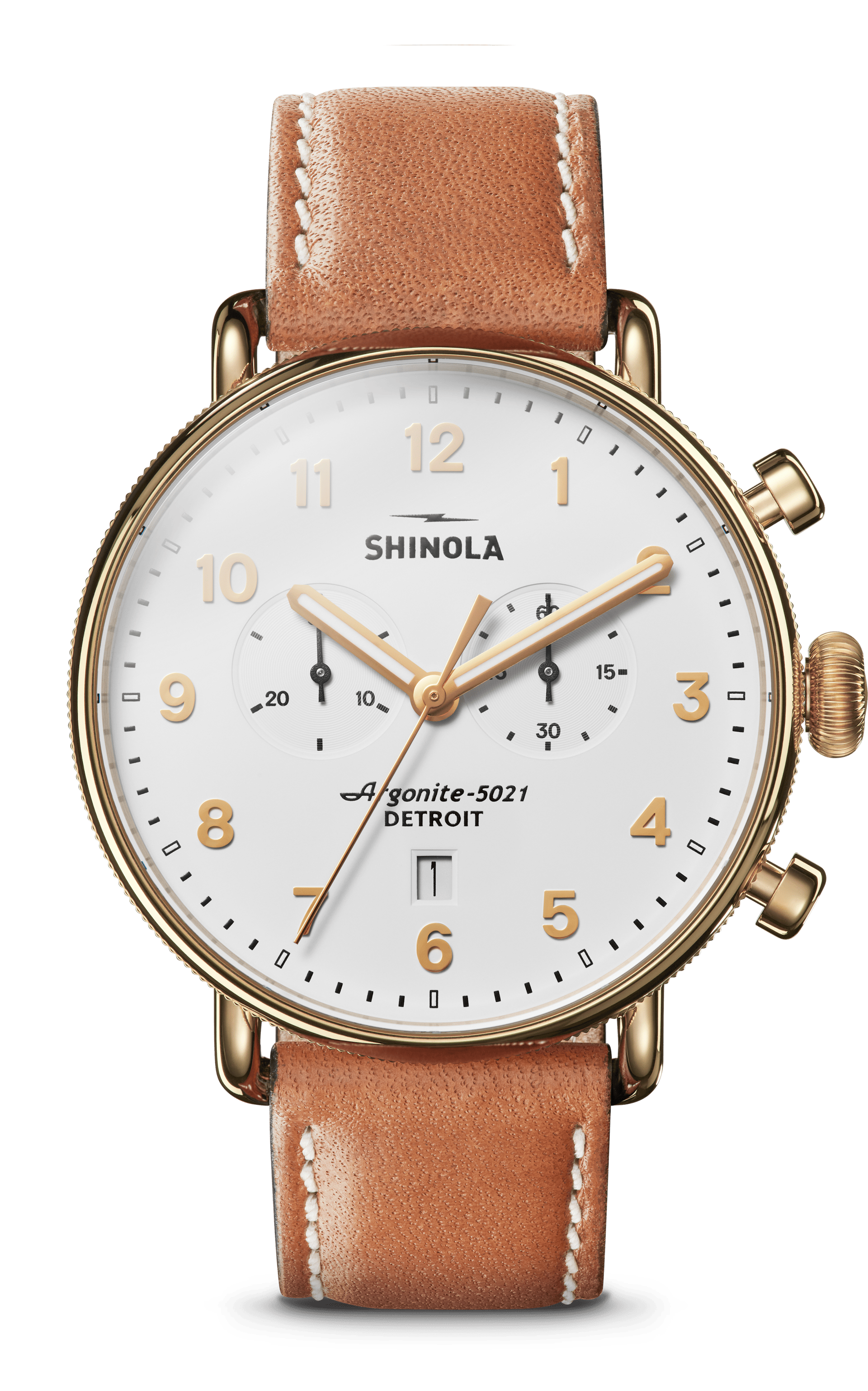 Shinola Men's Chrono Watch | White Dial + Tan Leather Strap | The Canfield 43mm