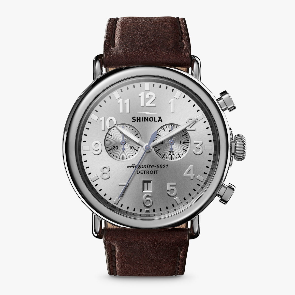 Runwell Chrono 47mm Silver Dial Brown Leather Strap Shinola Detroit