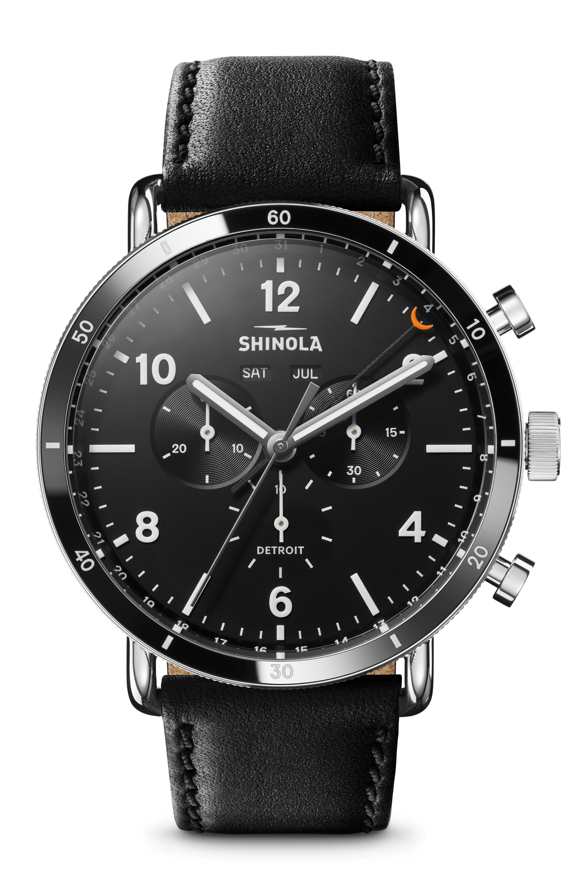 Shinola Men's Watch | Black Dial + Black Leather Strap | The Canfield Sport 45mm | Silver Case