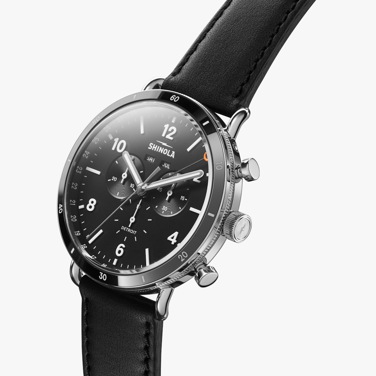 Canfield Sport 45mm Silver Case Black Dial Black Leather Strap Shinola