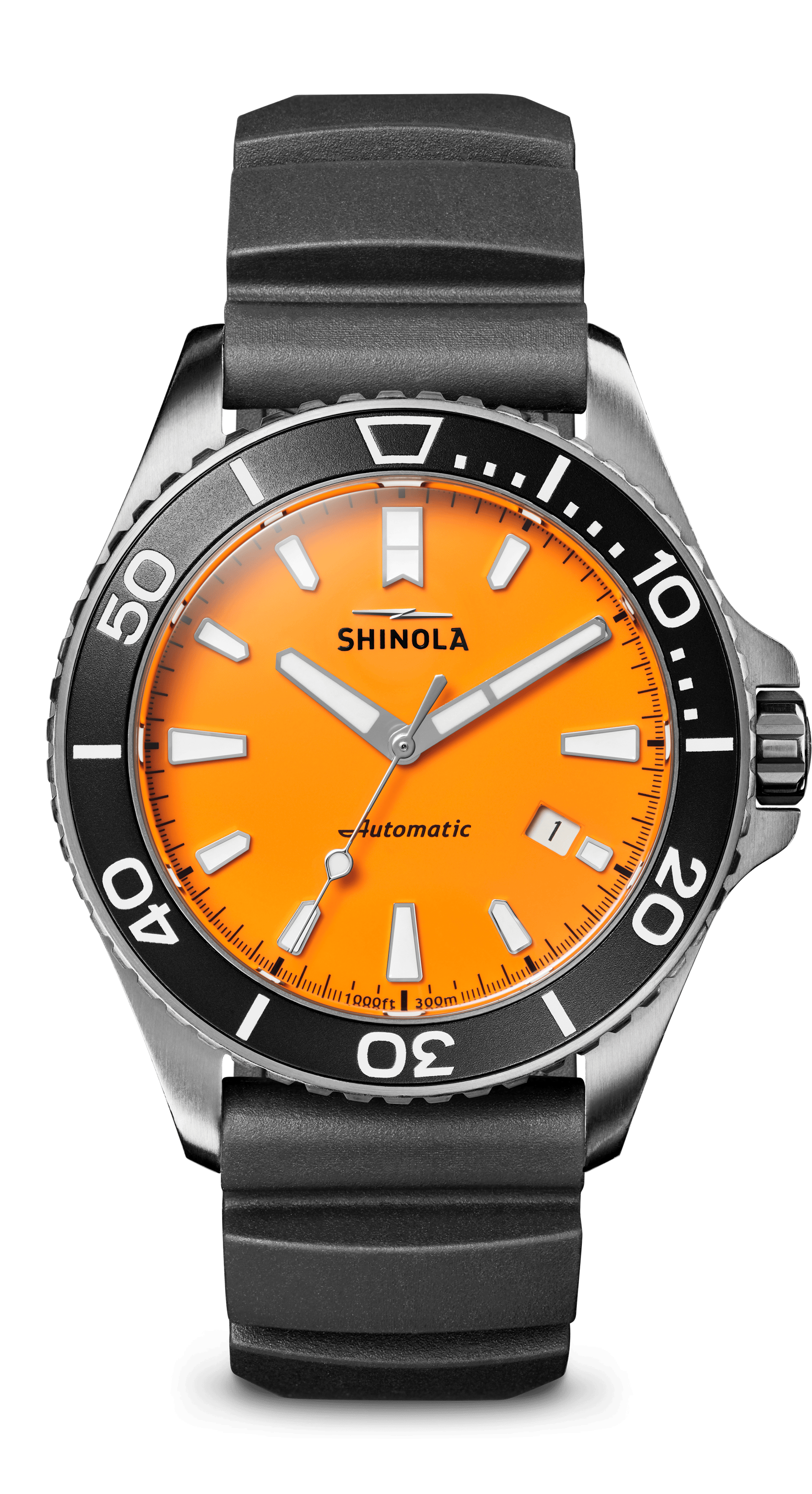 Shinola Automatic Watch| The Lake Huron Monster 43mm | Orange Dial + Black Rubber Strap