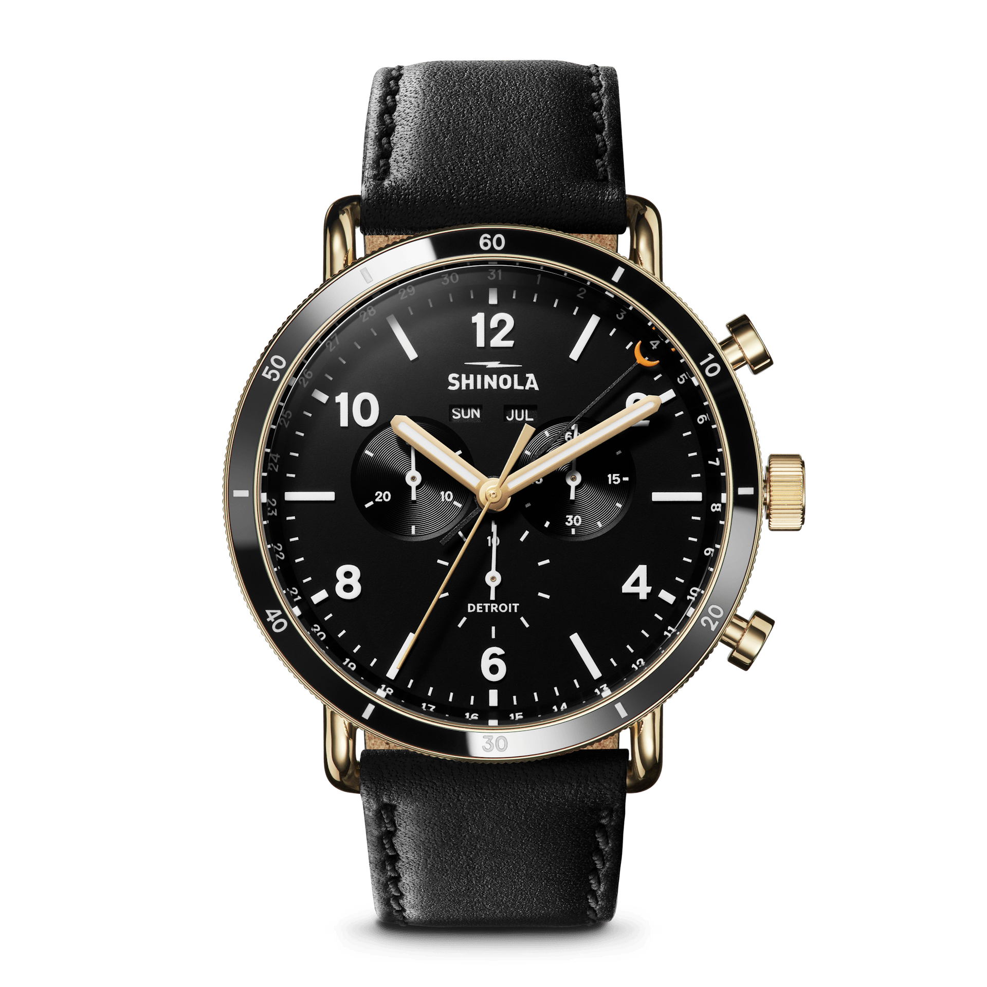 Shinola Men's Watch | Black Dial + Black Leather Strap | The Canfield Sport 45mm | Gold Case