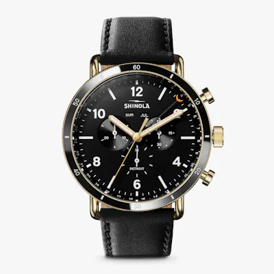 Shinola Men's Watch | Black Dial + Black Leather Strap | The Canfield Sport 45mm | Gold Case
