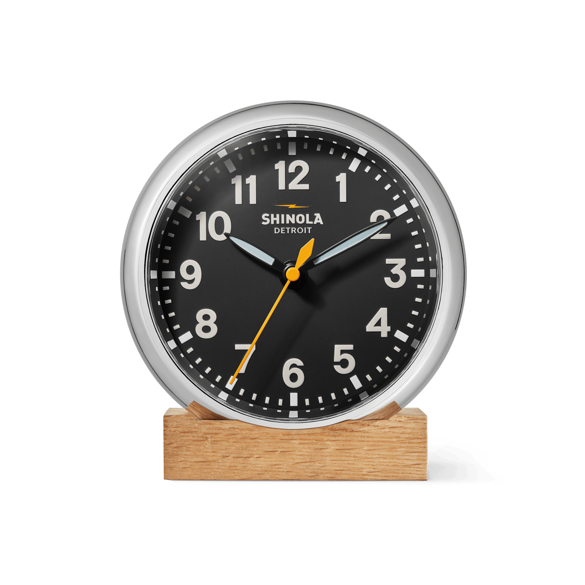 Shinola Desk Clock | 6" Runwell Clock | Black Dial + Chrome Case