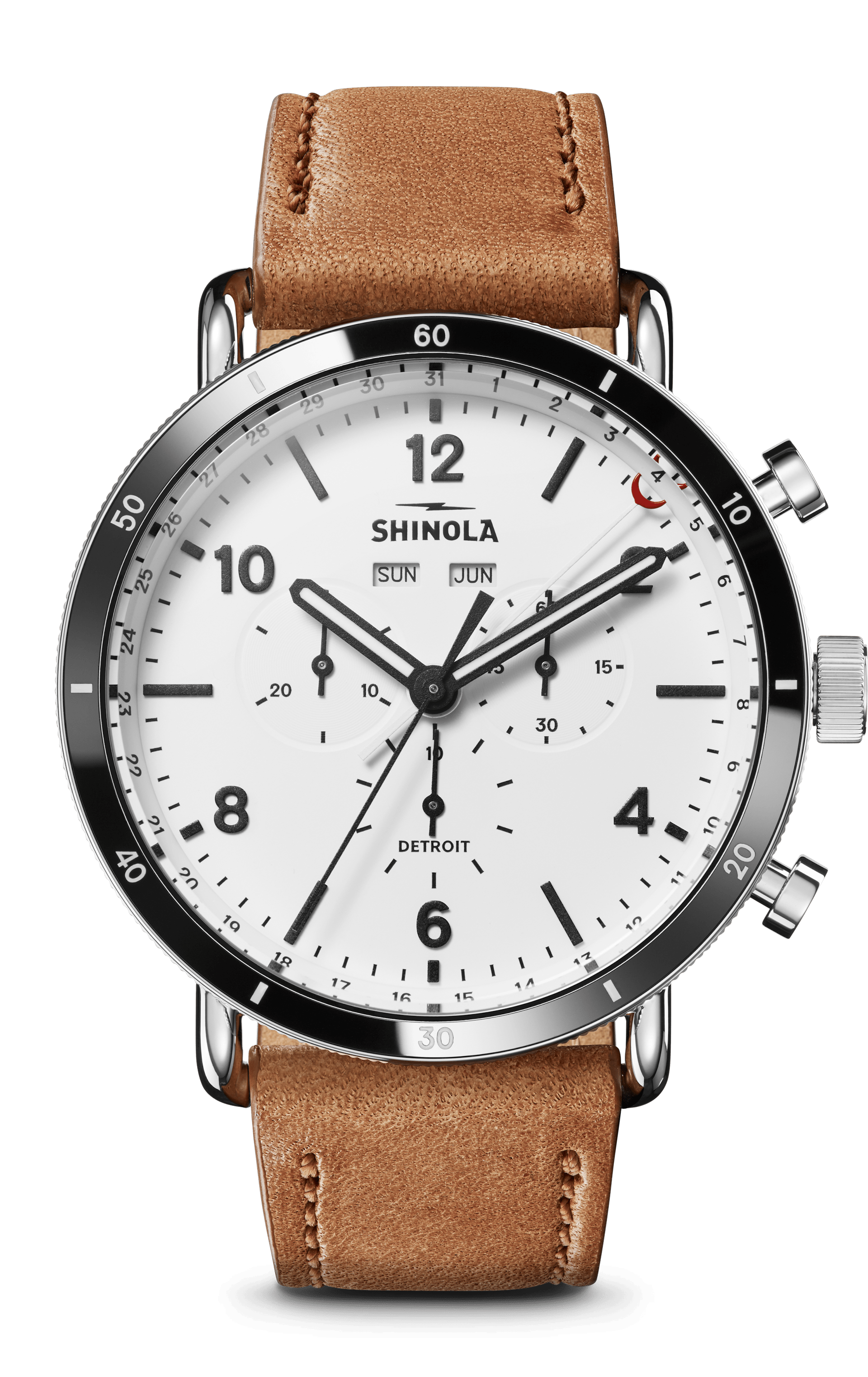 Shinola Men's Watch | White Dial + Light Brown Leather Strap | The Canfield Sport 45mm