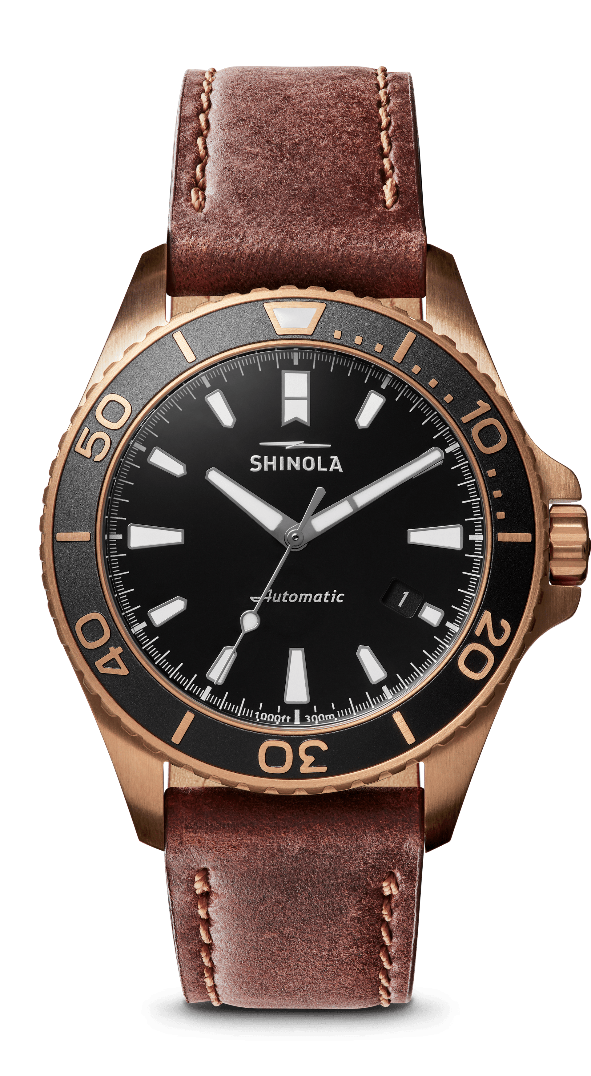 Shinola Men's Automatic Watch | Black Dial + Brown Leather Strap |The Bronze Monster 43mm