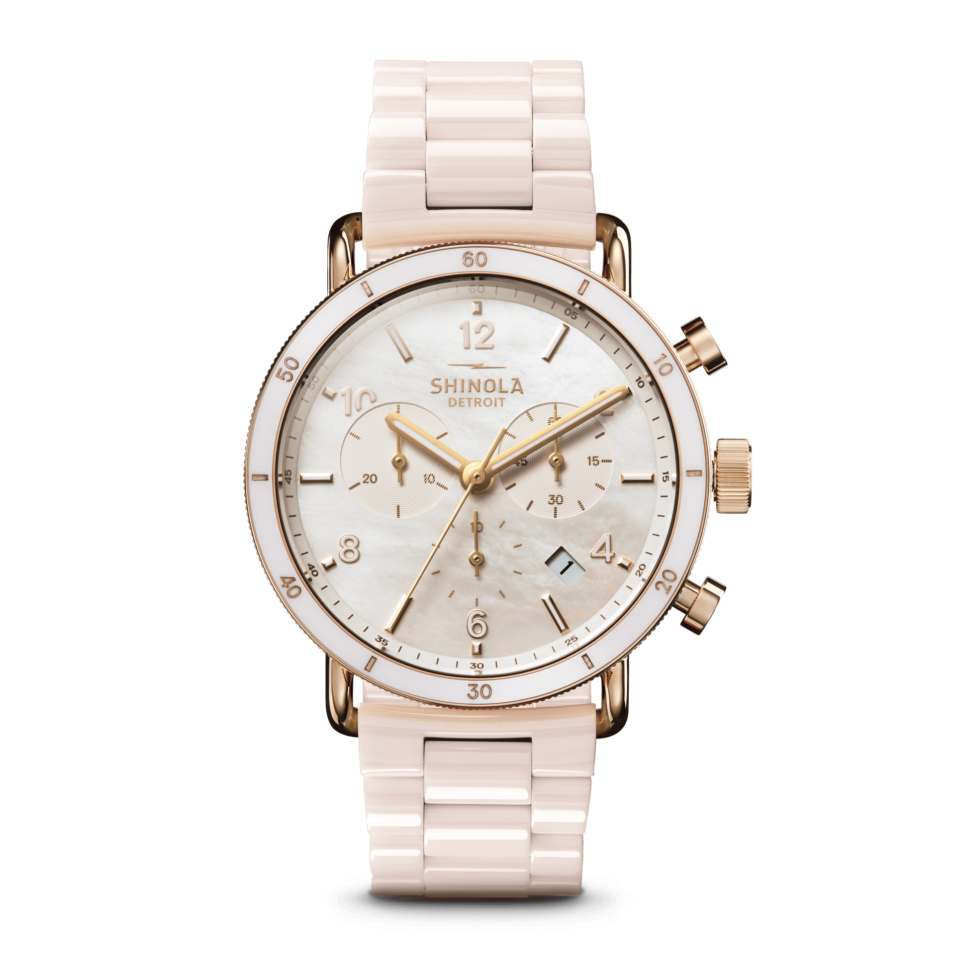 The Canfield Sport 40mm | Mother of Pearl Dial + Blush Ceramic Bracelet