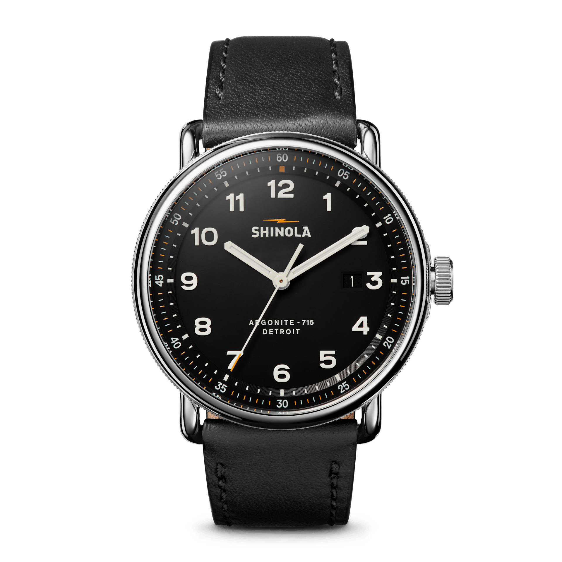 The Canfield 43mm Watch | Black Dial + Black Leather Strap