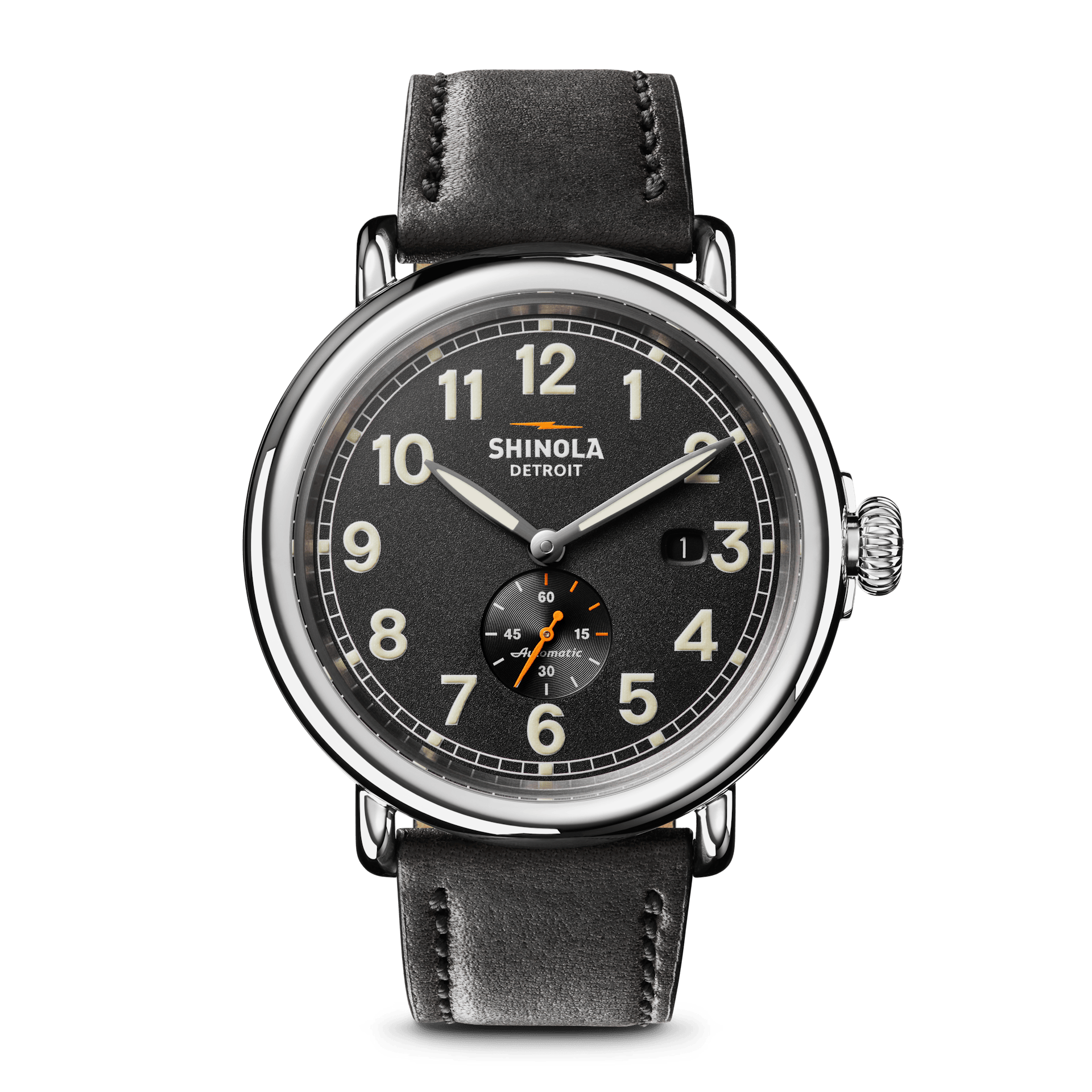 Men's Watch | The Runwell Automatic Sub-second 45mm | Black Dial + Black Leather Strap