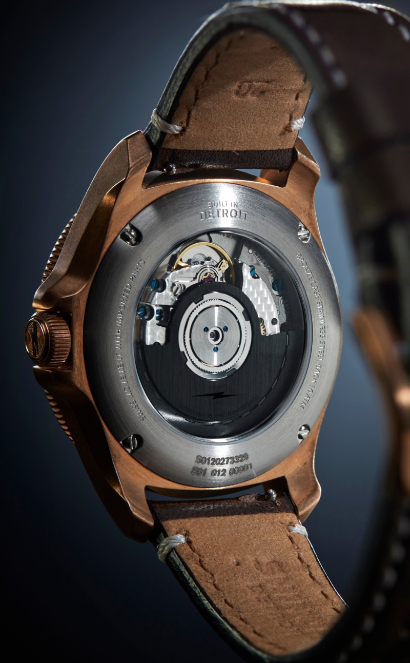 shinola bronze monster gmt image of back-side of watch