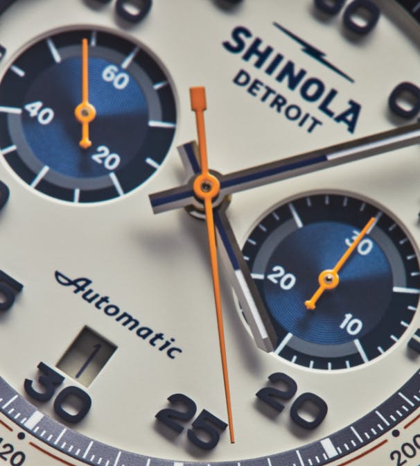 Shinola Canfield Speedway Watch closeup of watchface/dial