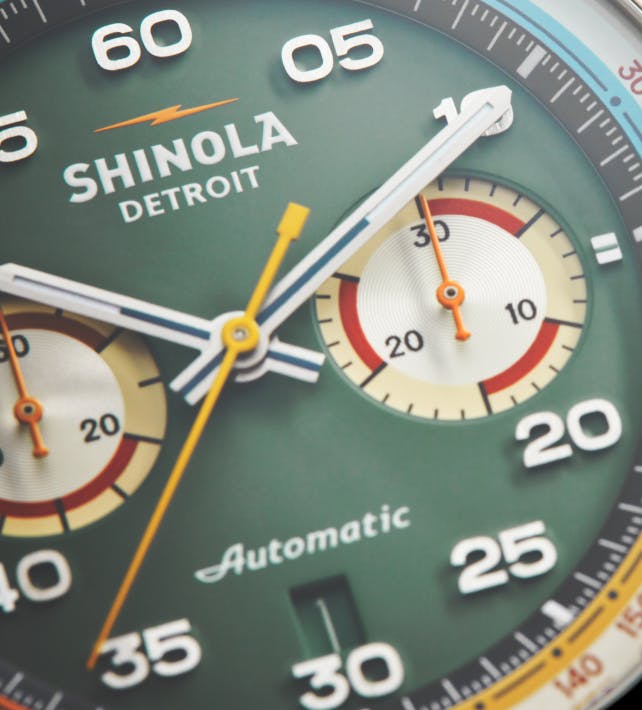 Shinola Canfield Speedway Watch closeup of watchface/dial