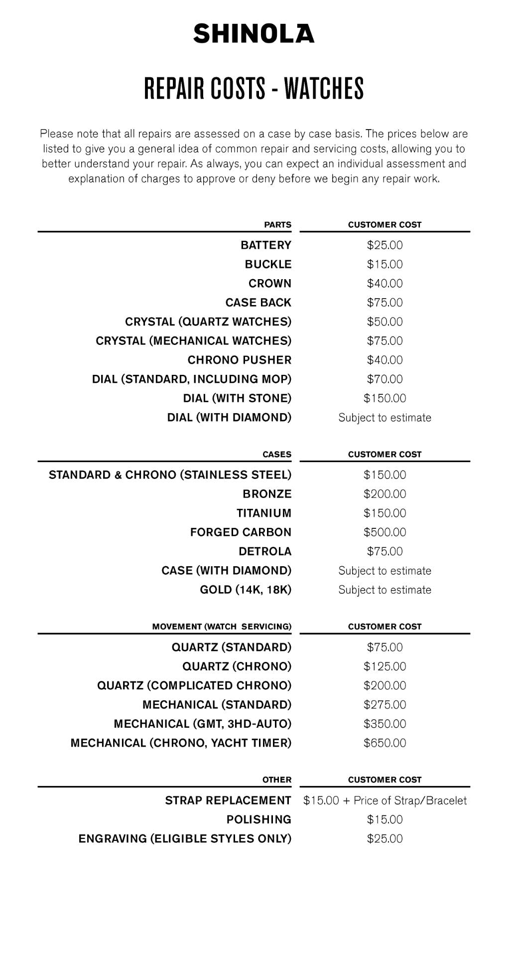 Watch Repair Costs Shinola