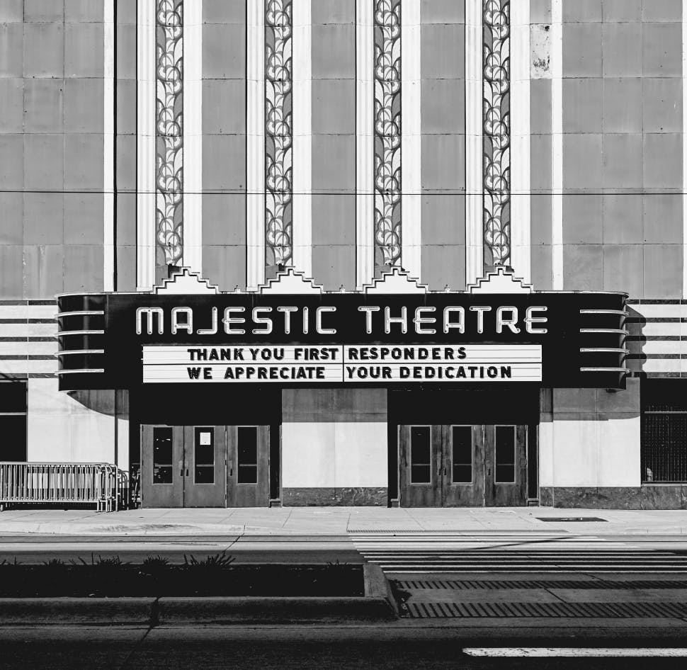 A picture, from the outside, in front of The Majestic Theatre in Downtown Detroit