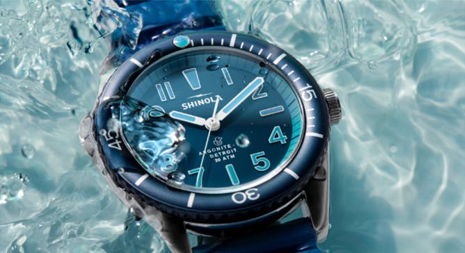 Close-up of the The Duck Blue Bay watch