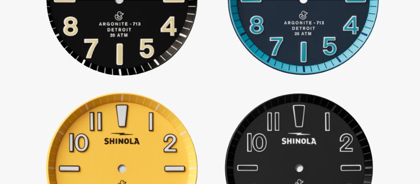 Display of the different matte dials available for the Duck watch series (Midnight Blue, Canary Yellow and Black