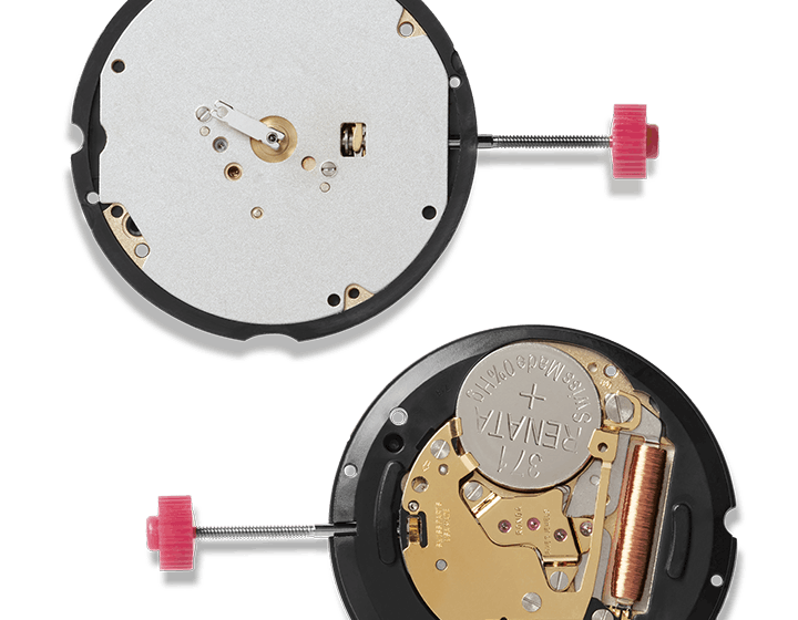 Inside-look of the backside of the watch revealing the parts and different mechanisms.